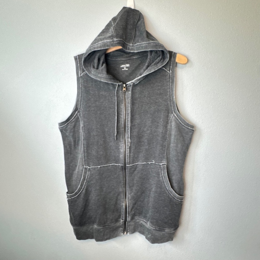Calvin Klein Women Gray Acid Wash Sleeveless Full Zip Hoodie Vest 2X